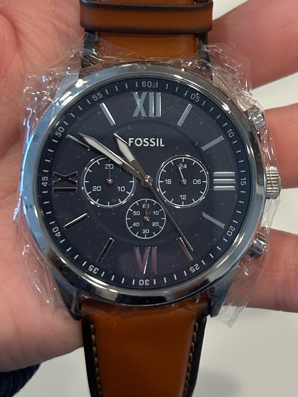 Men’s Fossil Genuine Leather Watch – Brown Leather, Navy & Stainless Steel Face